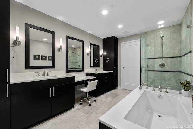 full bath with a bathing tub, recessed lighting, visible vents, vanity, and a shower stall