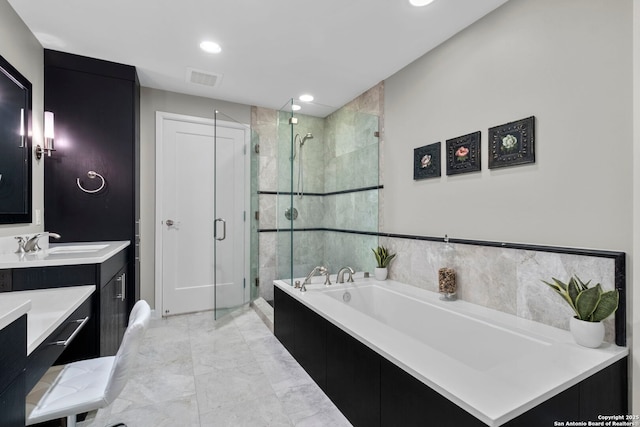 full bath featuring recessed lighting, visible vents, vanity, a shower stall, and a bath