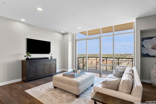 living room with dark wood-style floors, expansive windows, and baseboards