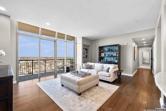 living area with dark wood-style floors, baseboards, a wall of windows, and recessed lighting