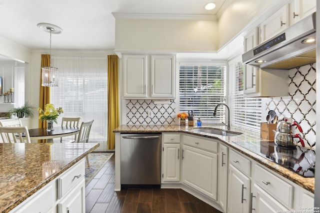 kitchen with wood finish floors, black electric stovetop, a sink, dishwasher, and under cabinet range hood