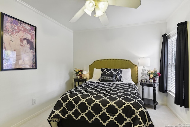 bedroom featuring ceiling fan, carpet floors, multiple windows, and crown molding