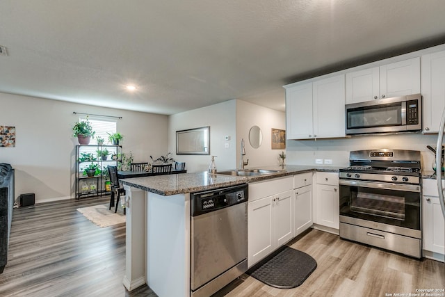 kitchen featuring stainless steel appliances, light wood-type flooring, a peninsula, and a sink