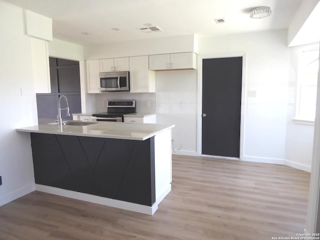 kitchen featuring visible vents, appliances with stainless steel finishes, white cabinetry, a sink, and a peninsula