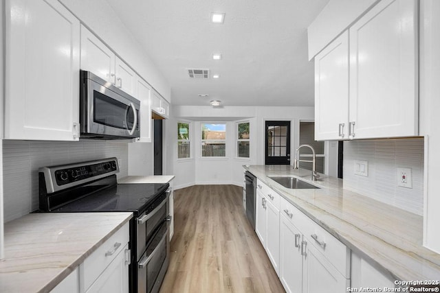 kitchen with visible vents, decorative backsplash, white cabinets, appliances with stainless steel finishes, and a sink