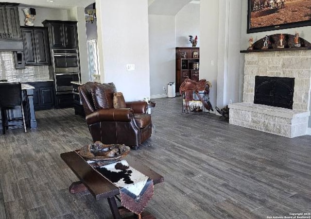 living area featuring dark wood-style floors and a stone fireplace