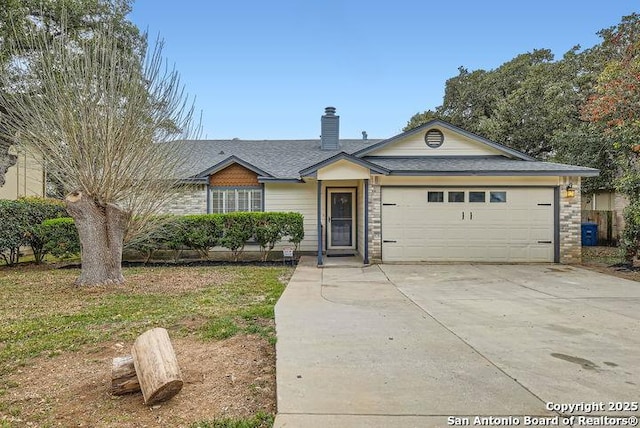 ranch-style house with a garage, a chimney, and concrete driveway