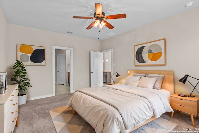 bedroom with visible vents, ceiling fan, light carpet, and baseboards