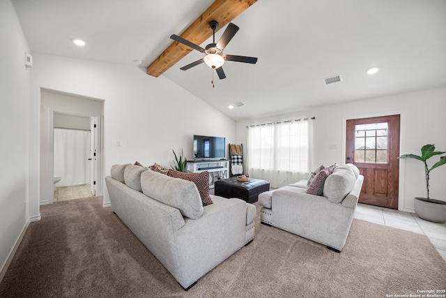 living room featuring recessed lighting, visible vents, light colored carpet, lofted ceiling with beams, and light tile patterned flooring