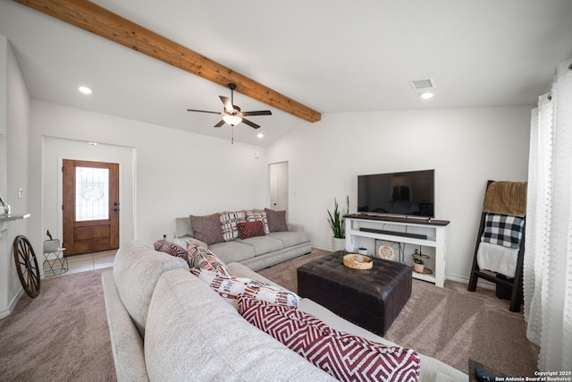 living room featuring vaulted ceiling with beams, visible vents, carpet flooring, and recessed lighting