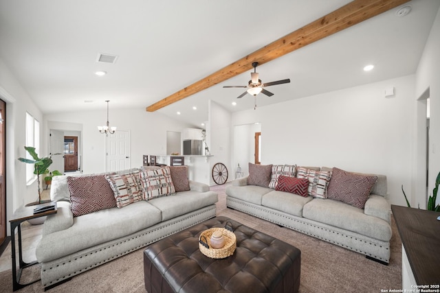 carpeted living room with vaulted ceiling with beams, recessed lighting, visible vents, and ceiling fan with notable chandelier