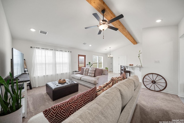 living area with carpet, visible vents, vaulted ceiling with beams, and recessed lighting