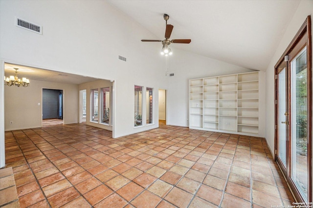 unfurnished room with lofted ceiling, light tile patterned floors, visible vents, and ceiling fan with notable chandelier