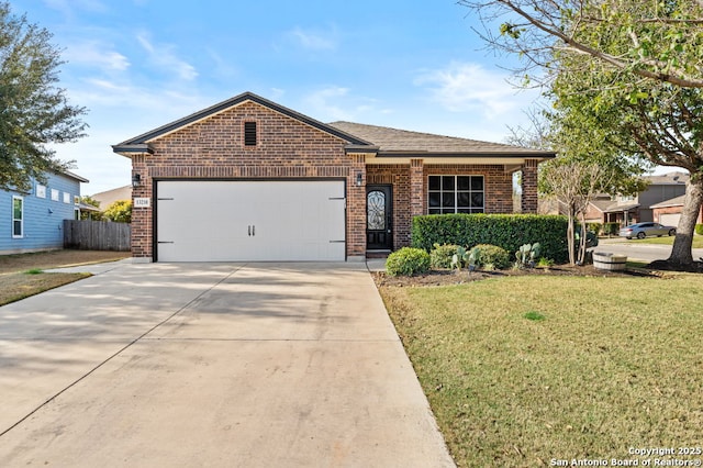 ranch-style house featuring a garage, brick siding, concrete driveway, fence, and a front yard