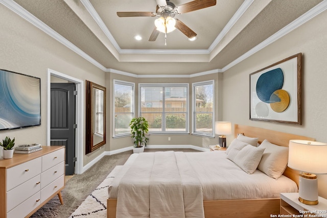 bedroom featuring a tray ceiling, carpet flooring, and ornamental molding