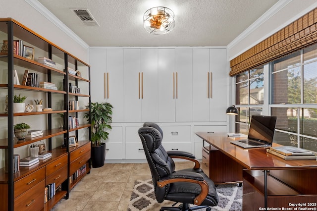 office area with a textured ceiling, ornamental molding, visible vents, and a decorative wall