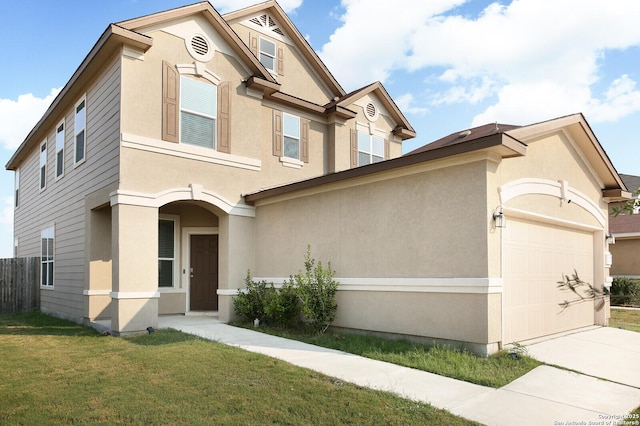 view of front of house with a garage, concrete driveway, a front lawn, and stucco siding