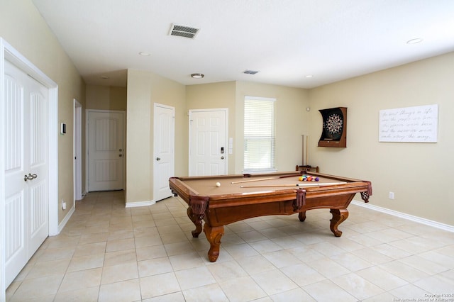 game room with light tile patterned floors, recessed lighting, visible vents, billiards, and baseboards