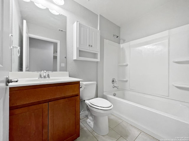 bathroom with visible vents, toilet, tile patterned flooring, bathtub / shower combination, and vanity