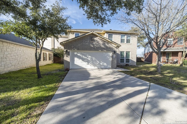 traditional-style house featuring driveway, an attached garage, a front lawn, and brick siding