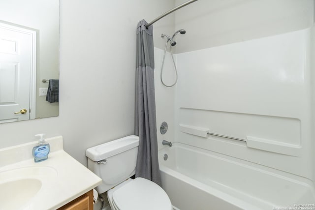 full bath with toilet, shower / bath combination with curtain, and vanity