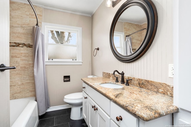 bathroom featuring tile patterned flooring, toilet, crown molding, vanity, and shower / bathtub combination with curtain