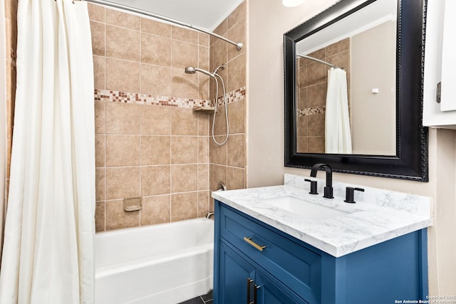 full bath featuring shower / bathtub combination with curtain and vanity