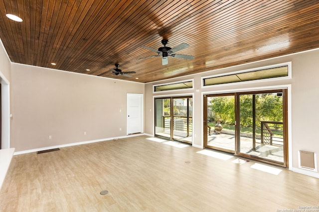 unfurnished room with a ceiling fan, wood finished floors, wood ceiling, and baseboards