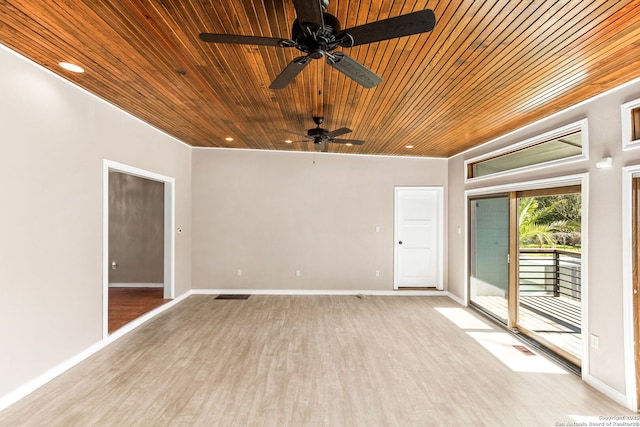 spare room featuring light wood-type flooring, wooden ceiling, visible vents, and baseboards