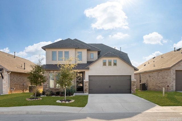 view of front facade featuring brick siding, concrete driveway, roof with shingles, stucco siding, and a front lawn