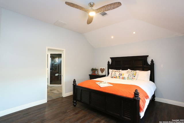 bedroom with lofted ceiling, baseboards, visible vents, and wood finished floors