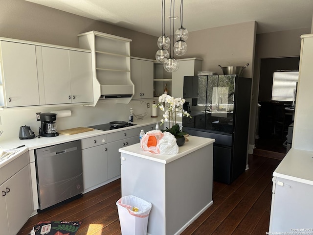 kitchen with a center island, dark wood-style flooring, open shelves, light countertops, and black appliances