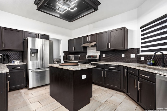 kitchen with under cabinet range hood, stainless steel appliances, a kitchen island, a sink, and tasteful backsplash