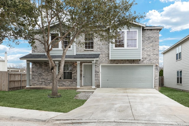 view of front of home with driveway, an attached garage, covered porch, fence, and a front yard