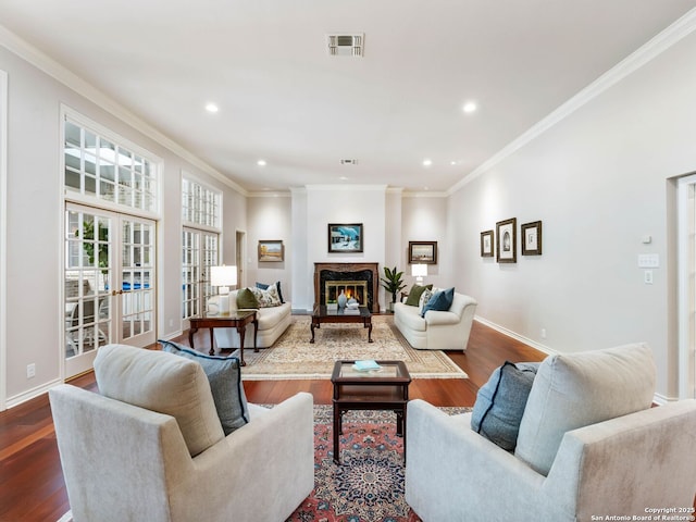 10 Parman Pl, San Antonio, TX 78230 - living area with dark wood-style floors, crown molding, french doors, recessed lighting, and baseboards