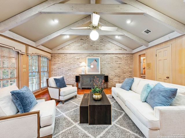 10 Parman Pl, San Antonio, TX 78230 - living room with brick wall, wood finished floors, and ceiling fan