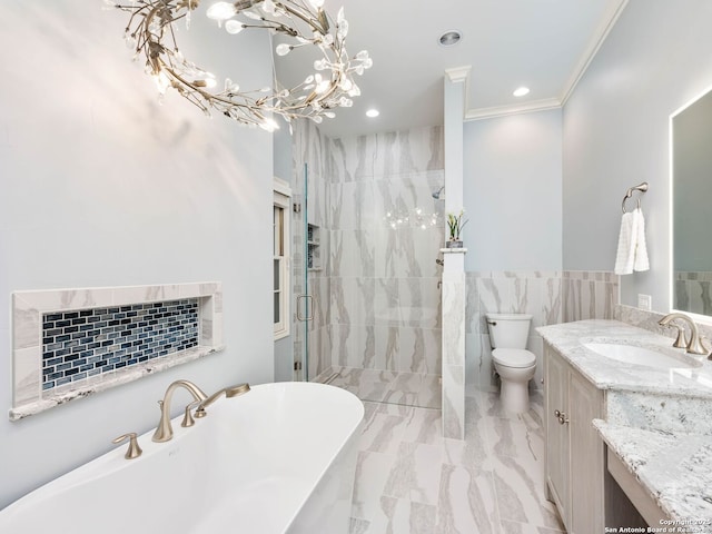 10 Parman Pl, San Antonio, TX 78230 - bathroom with vanity, a stall shower, a chandelier, a freestanding bath, and recessed lighting