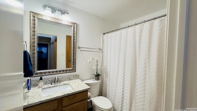 bathroom with vanity, toilet, and a shower with curtain