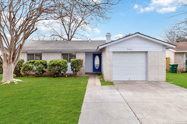 single story home with brick siding, a chimney, an attached garage, driveway, and a front lawn