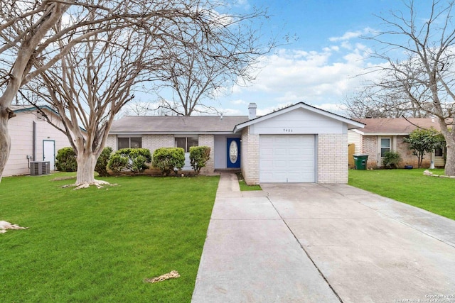 ranch-style home featuring brick siding, a front yard, central AC, a garage, and driveway