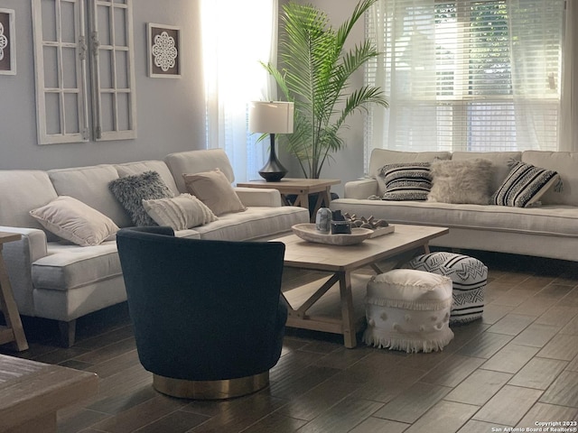 living room featuring wood tiled floor