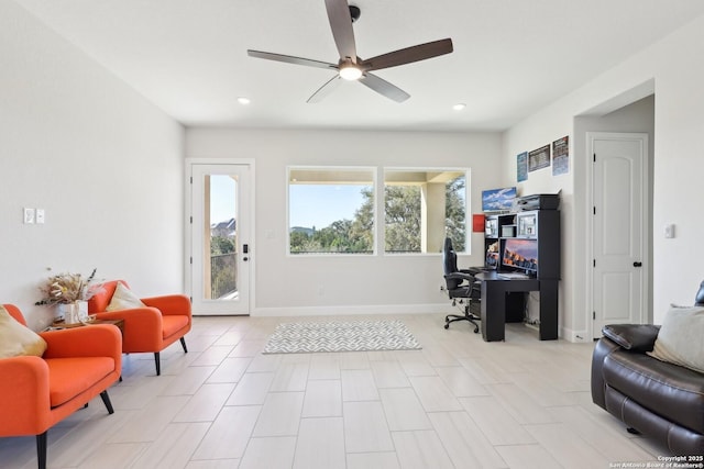 office featuring plenty of natural light, baseboards, ceiling fan, and recessed lighting