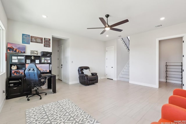 office area with baseboards, ceiling fan, visible vents, and recessed lighting