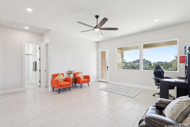 office area featuring ceiling fan, baseboards, and recessed lighting