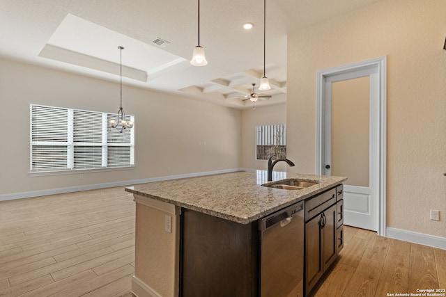 kitchen with ceiling fan, a sink, visible vents, open floor plan, and stainless steel dishwasher