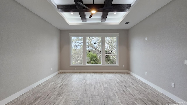 unfurnished room with coffered ceiling, visible vents, light wood-style floors, baseboards, and beamed ceiling