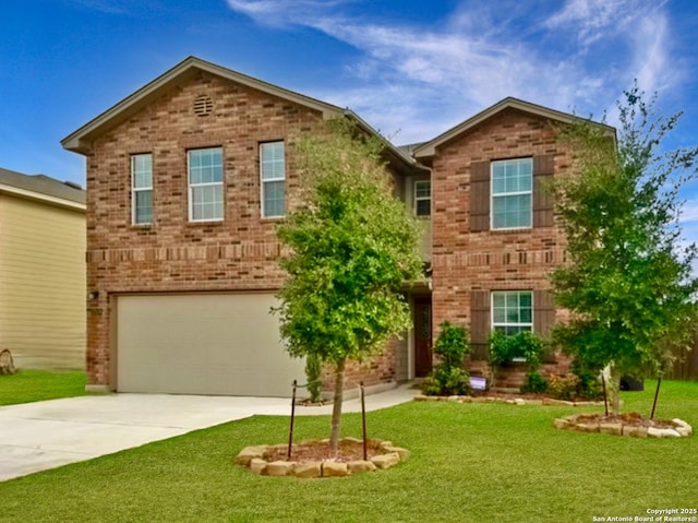 view of front of property featuring a front yard, brick siding, and driveway