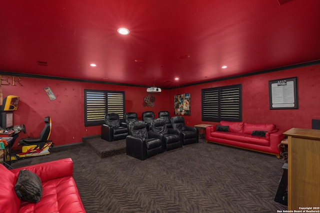 home theater room with carpet, visible vents, crown molding, and recessed lighting