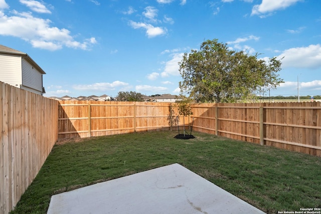 view of yard with a fenced backyard and a patio