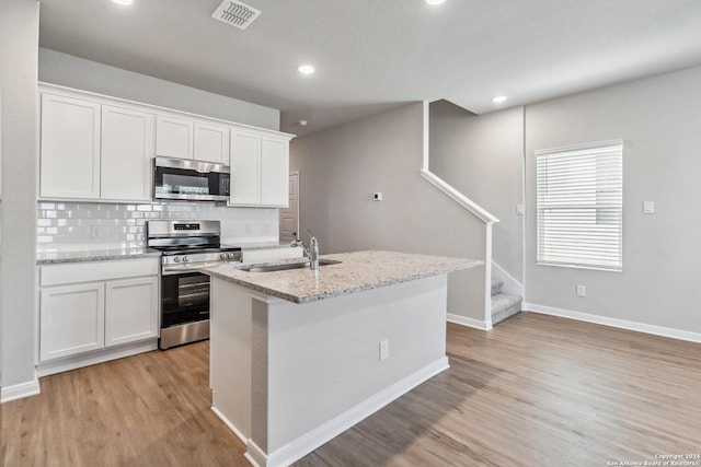 kitchen featuring visible vents, decorative backsplash, appliances with stainless steel finishes, white cabinetry, and a sink